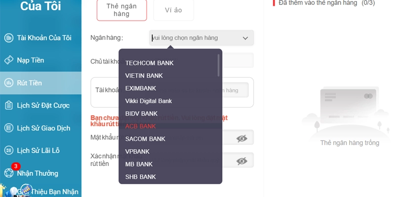 Thêm thẻ ngân hàng để rút tiền XX88 về